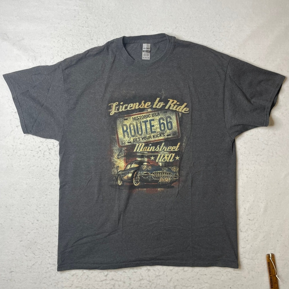Gildan Heavy Cotton Route 66 Mainstreet USA License to Ride T-Shirt Mens XL Gray